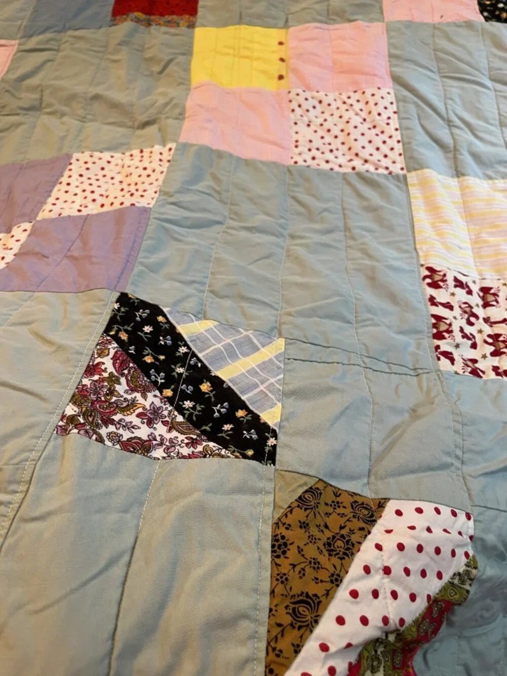 Handmade Vintage Patchwork Quilt With Multi-Color Squares & Pink Trim